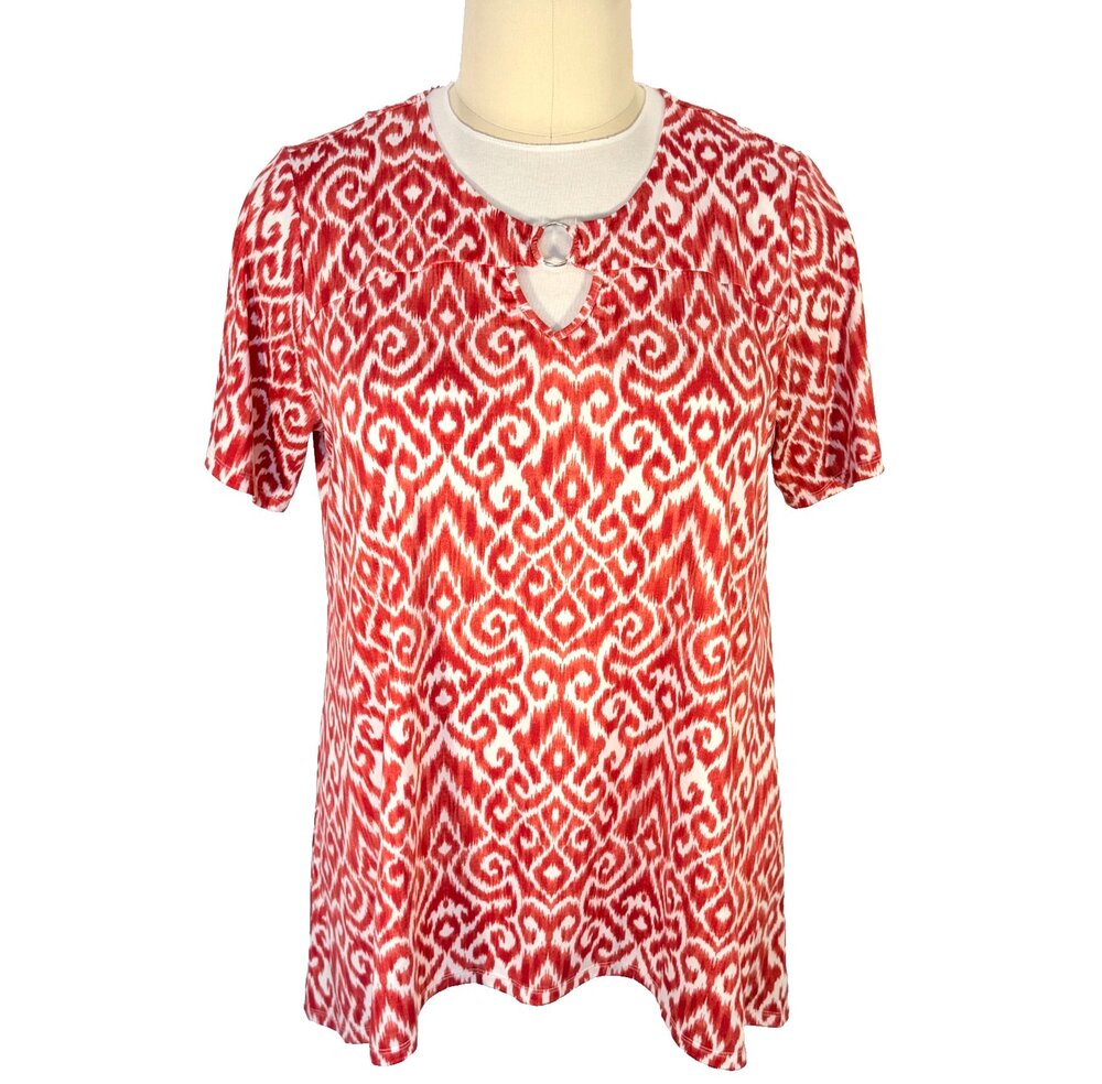 Ellen Weaver Tunic Top Blouse Womens 3X Red White Damask Keyhole Neck Short Slve